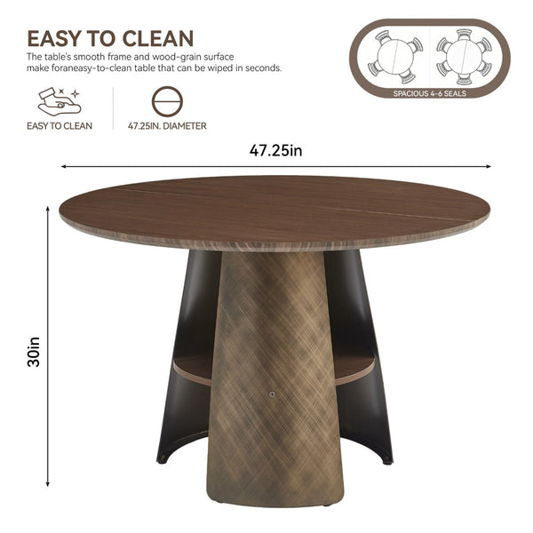 English Elm 47.25 Inch Round Dining Table Walnut Mdf Top Bronze Metal Frame Seats Six W3357S00001