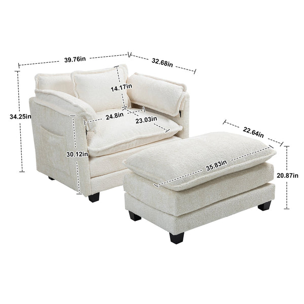 English Elm 55.32*39.76" Boucle Single Sofa with Ottoman, Wide Deep Cushion, Wrapped Arms, Storage Pockets, Cozy Contemporary Appeal Beige W2715P269740
