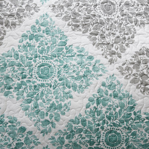 JLA Home Madison Park - 6 Madison Park Claire Reversible Twin Daybed Set - Quilted Aqua Grey Botanical Diamond & Stripes, 6pc MP13-3972