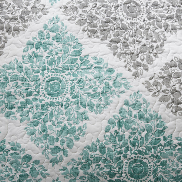 JLA Home Madison Park - 6 Madison Park Claire Reversible Twin Daybed Set - Quilted Aqua Grey Botanical Diamond & Stripes, 6pc MP13-3972