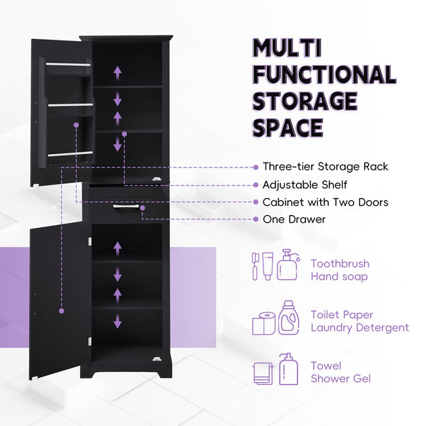 English Elm Tall Bathroom Storage Cabinet with Slim Profile, Adjustable Shelves, Anti-Tip Safety & Painted MDF Finish Black N725P246463B