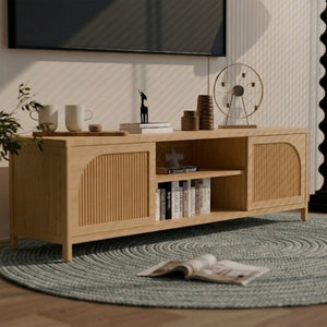 English Elm Bamboo Low Profile Media Console with Open Shelving and Cabinet Storage for Living Room W2207P334018