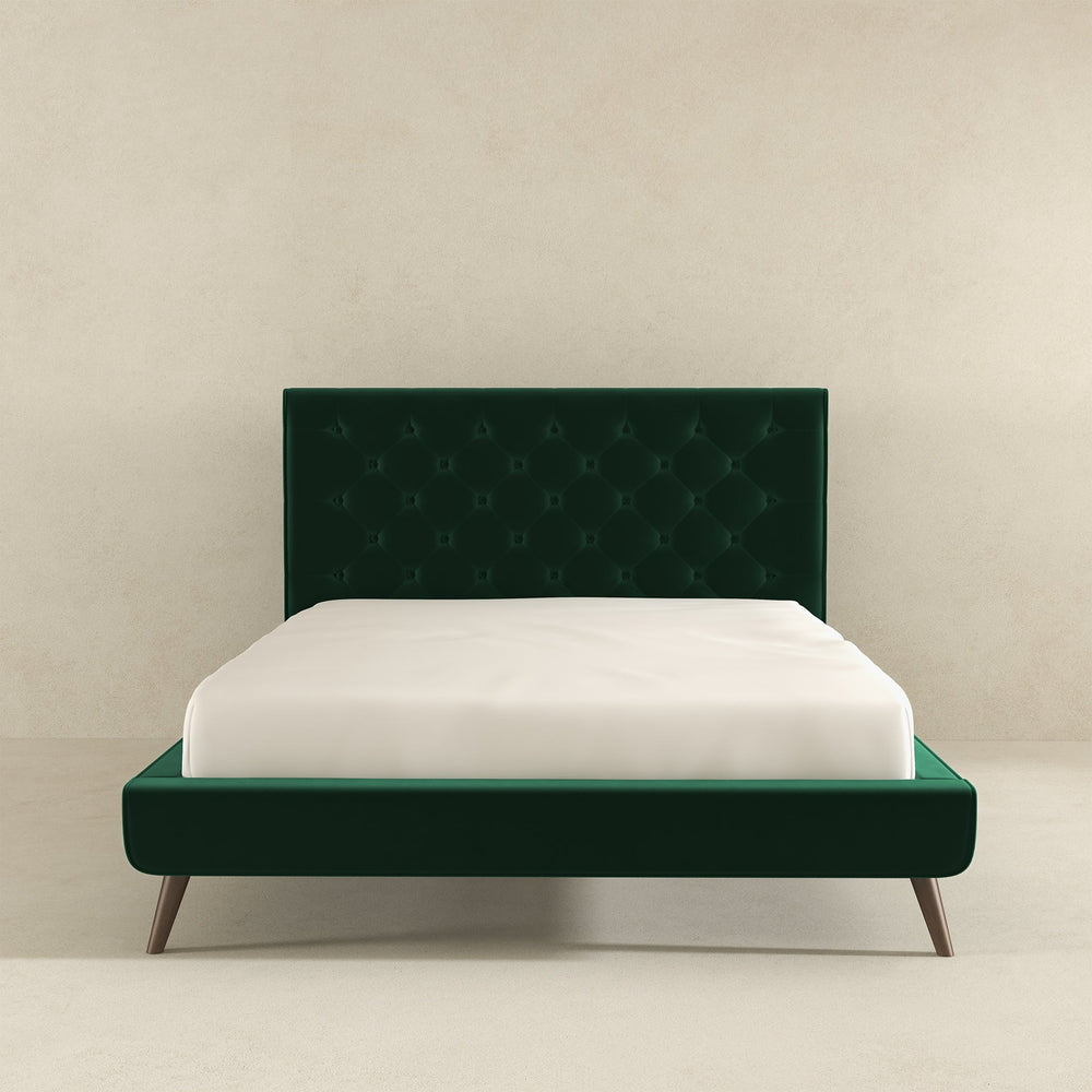 English Elm Ashcroft Furniture - Dillon Dark Green Velvet Platform Bed Queen - Mid-Century Tufted Headboard, Solid Wood Frame, No Box Spring B183S00079