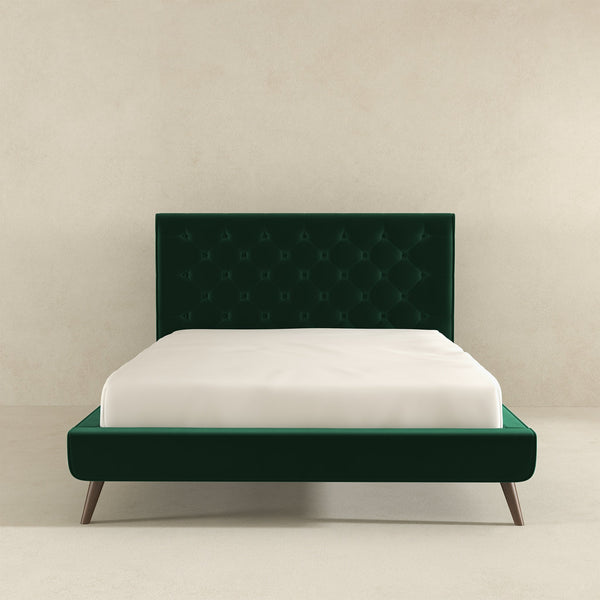 English Elm Ashcroft Furniture - Dillon Dark Green Velvet Platform Bed Queen - Mid-Century Tufted Headboard, Solid Wood Frame, No Box Spring B183S00079