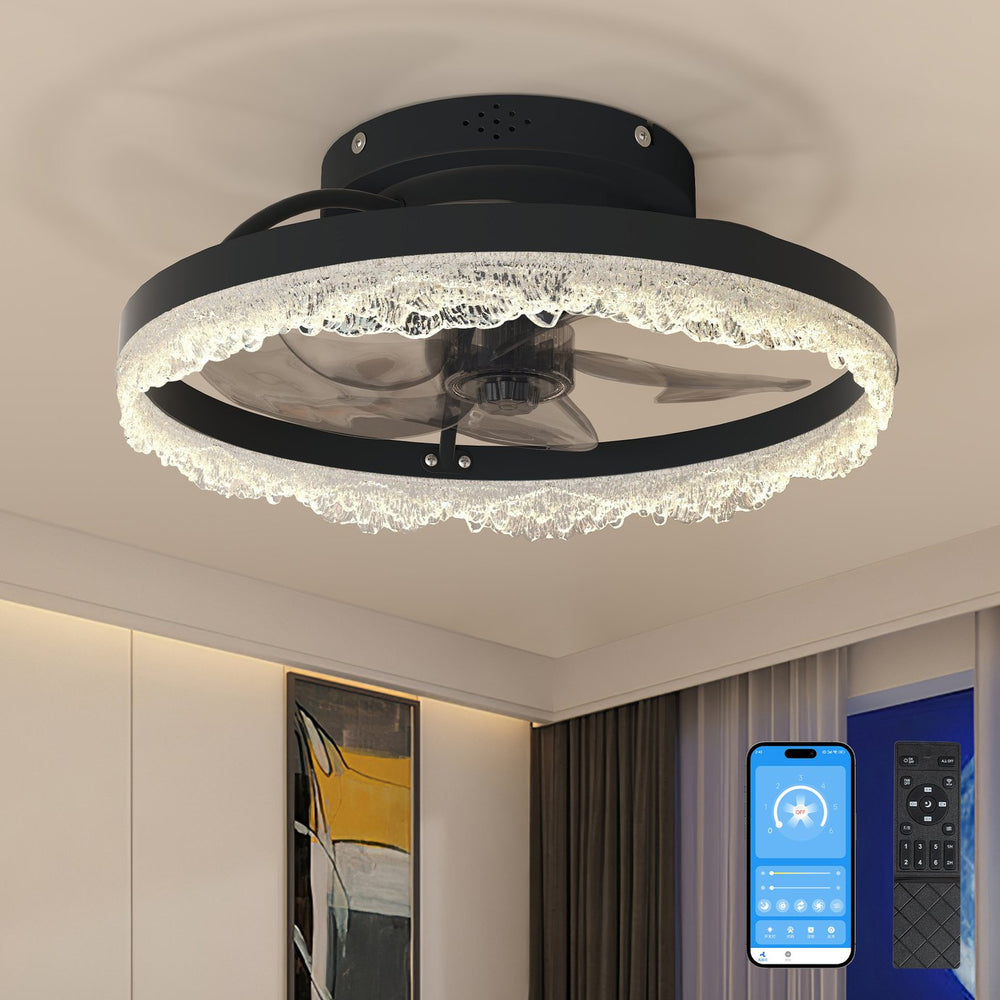 English Elm 16" Modern LED Ceiling Fan Light with Crystal Acrylic Ring, Hidden Blades, Remote & App Control, Dimmable Flush Mount Black W2312P368707