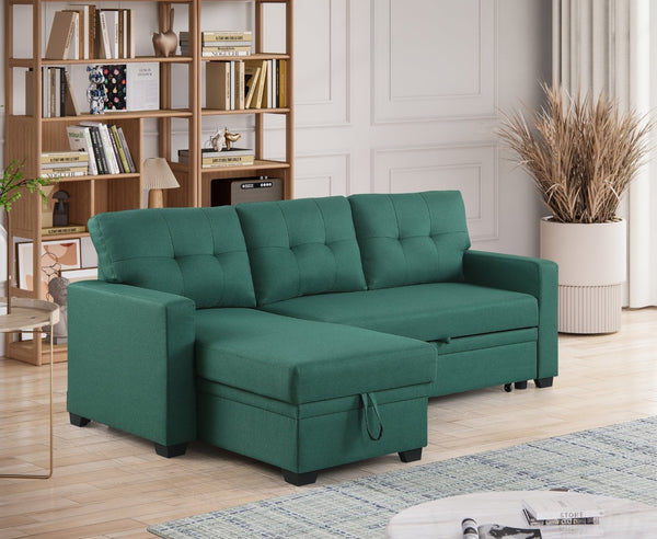 English Elm Convertible Upholstered Sectional Sofa with Pull-out Chaise Sleeper and Storage Green B2730S00004