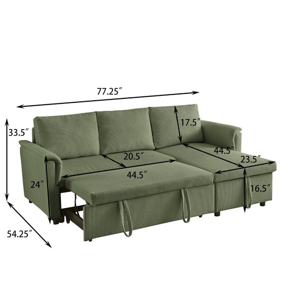 English Elm Loveseat Sectional Sleeper Sofa with Corduroy Tufted Upholstery Storage Chaise Reclining Green W2186S00014