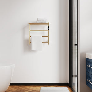English Elm Heated Carbon-Fiber Towel Rack with Top Shelf and Timer, Rapid 3–7min Warmth, IPX4 Waterproof Brushed Gold T3177P305029