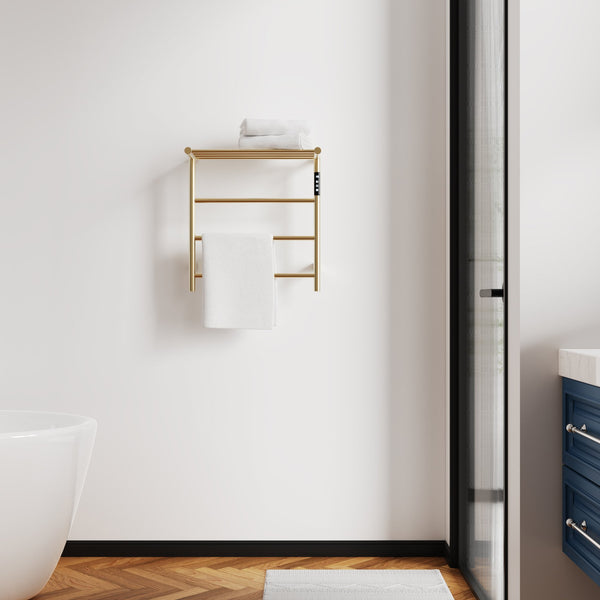 English Elm Heated Carbon-Fiber Towel Rack with Top Shelf and Timer, Rapid 3–7min Warmth, IPX4 Waterproof Brushed Gold T3177P305029