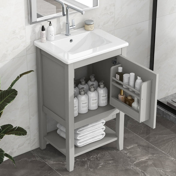 English Elm 20" Matte Freestanding Bathroom Vanity Rubberwood Cabinet Ceramic Sink Open Shelf Grey N725P391115E