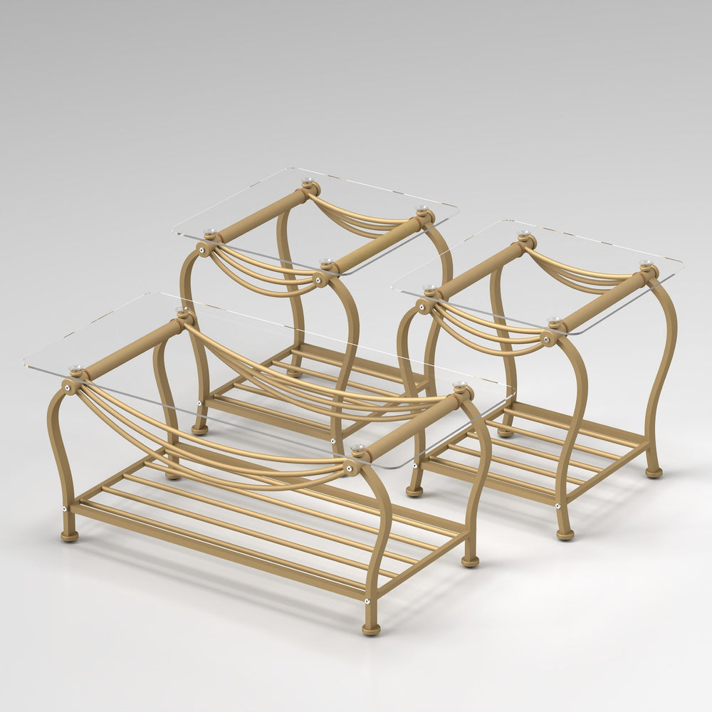 English Elm Tempered Gold 3-Piece Glass Coffee Table Set with Sturdy Metal Frame, Rectangle + 2 Square Ends W2167P221197