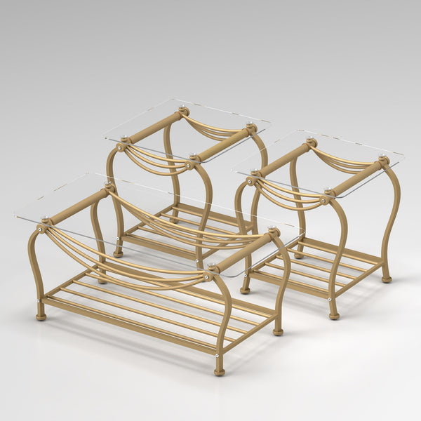 English Elm Tempered Gold 3-Piece Glass Coffee Table Set with Sturdy Metal Frame, Rectangle + 2 Square Ends W2167P221197