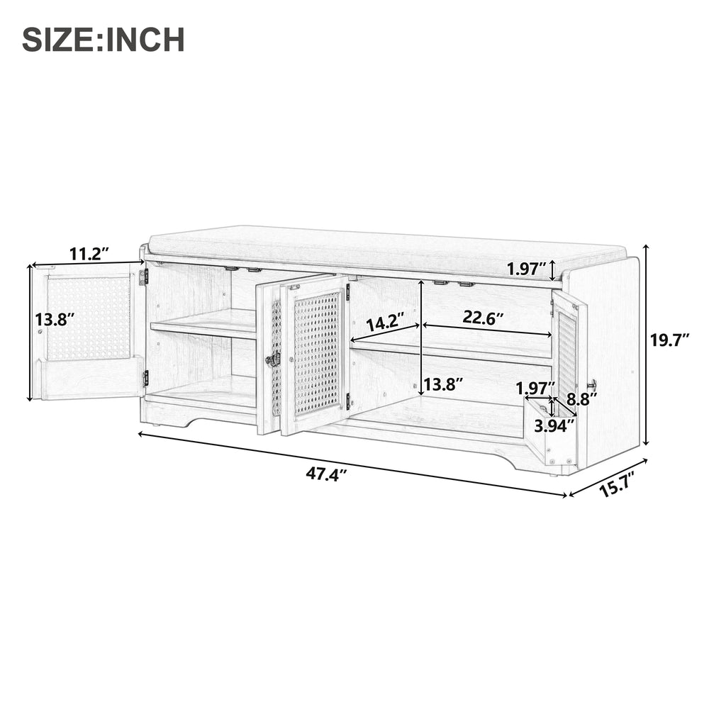 English Elm TREXM Rustic Storage Bench with Woven Rattan Doors, Removable Cushion & Adjustable Shelves for Entryway Home Organizing Beige,Brown N715P308013D