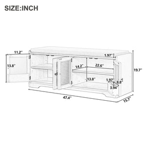 English Elm TREXM Rustic Storage Bench with Woven Rattan Doors, Removable Cushion & Adjustable Shelves for Entryway Home Organizing Beige,Brown N715P308013D