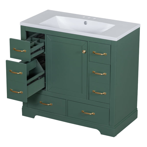 English Elm 36" Modern Bathroom Vanity with Ceramic Sink, Six Drawers, Adjustable Shelf, Solid Wood Build Green SY999808AAF-6