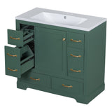 English Elm 36" Bathroom Vanity With Sink Combo, Six Drawers, Multi-Functional Drawer Divider, Adjustable Shelf, Green