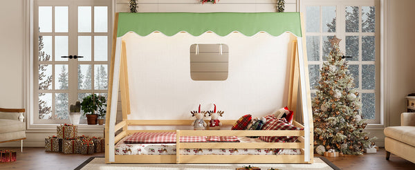 English Elm Twin Montessori Floor Bed Solid Pine Teepee Frame with Guardrails and Canopy Light Natural W1580P369468