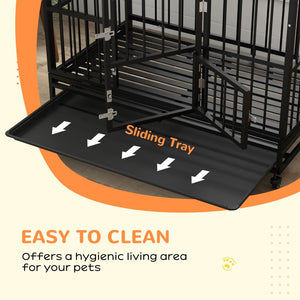English Elm Heavy Steel Dog Crate with Peaked Roof Dutch Doors Lockable Wheels and Pull Out Tray T3971P406298