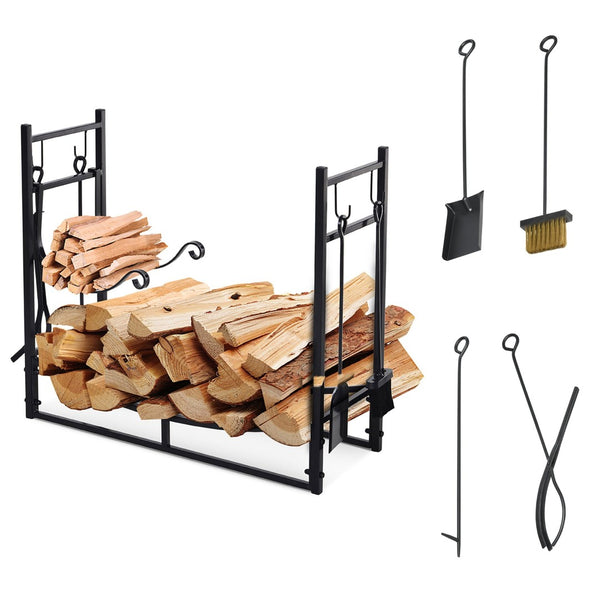 English Elm Rack Two Tier Steel Firewood Holder with Four Piece Tool Set for Hearth or Patio T3971P386365