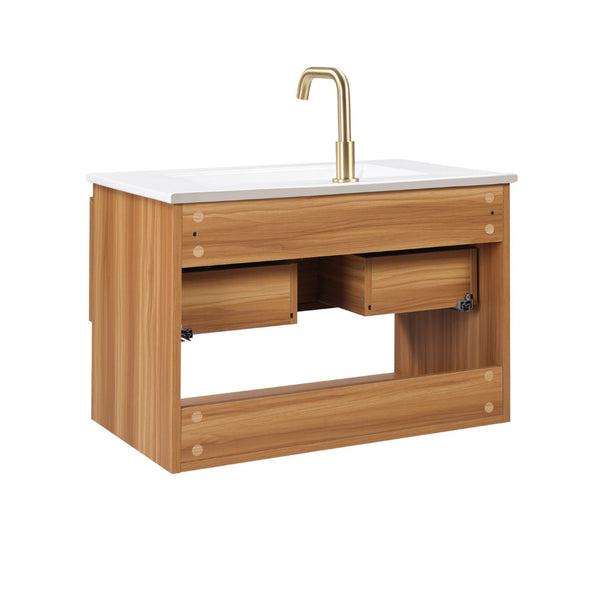 English Elm 24 Inch Floating Bathroom Vanity Fluted Walnut Cabinet with Ceramic Sink Modern W3520S00041