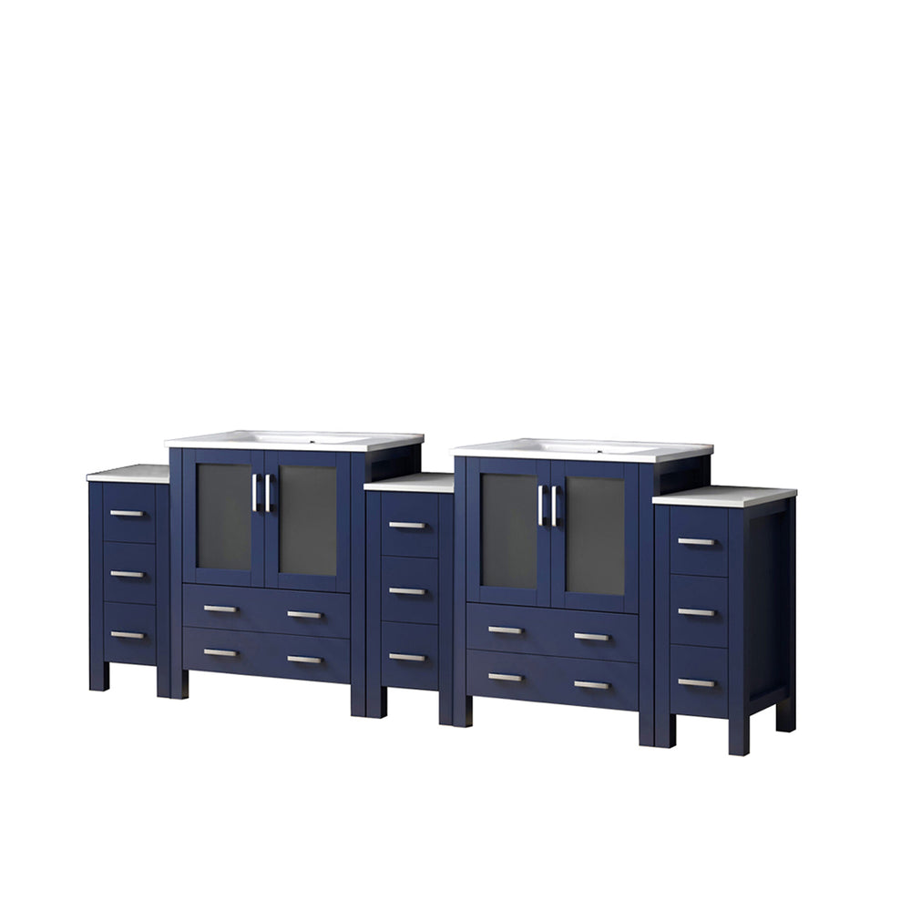 English Elm Navy Double Bath Vanity 96" W x 18.25" D with Side Cabinets, White Ceramic Top, Solid Wood Frame, Soft-Close Drawers B2731S00623