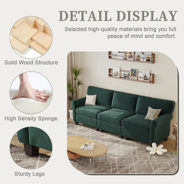 English Elm 94" Corduroy Three Seater Sofa Deep Cushioned Solid Wood Frame Modern Living Room Couch Dark Green W2715S00007