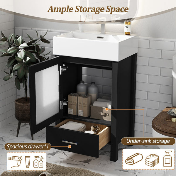 English Elm 20-Inch modern bathroom vanity with ceramic sink, soft-close door and ample storage for small spaces Black WF324691AAB