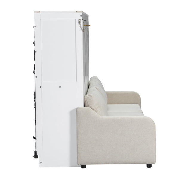 English Elm Full Size Murphy Cabinet Bed With Sofa, Built-In Storage & Led Lights - Stylish Space Saver In Beige N7090000602A