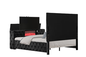 English Elm Encore Modern Tufted King Bed With Hidden Tv Compartment & Electric Fireplace In Sleek Black Finish B009S01681