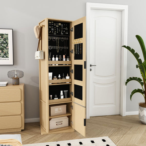 English Elm 360° Rotating Tower Cabinet with Full Length Mirror Open Shelving and Jewelry Storage Walnut W509P456173