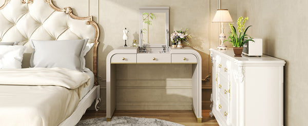 English Elm Classic Flip Top Vanity Desk with Gold Accents 2 Drawer Retro Bedroom Dressing Table Champagne N704P381406C