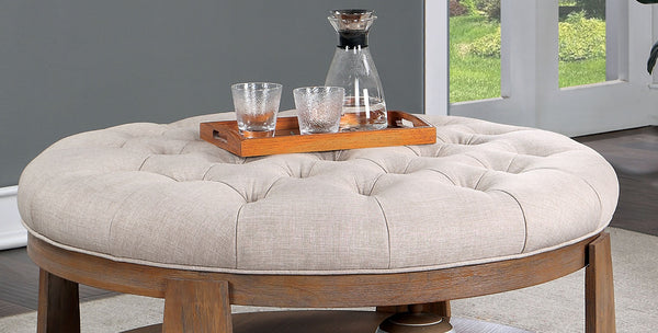 English Elm Transitional Round Coffee Table with Wire-Brushed Frame, Button-Tufted Padded Seat and Open Shelf, Rustic Finish Beige,Natural 44 L x 44 W x 9 H B2741P360141