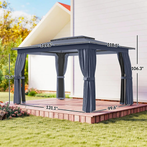 English Elm Double-roof Steel Gazebo with Upf Canopy Curtains and Mesh Panels for Outdoor Privacy Black+Blue,Dark Gray T3971P459088