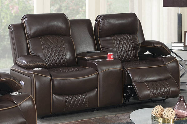 English Elm Power Motion Loveseat - Contemporary Brown Gel Leatherette With Usb, Cup Holders & Storage Arms B011S01066-GIGA