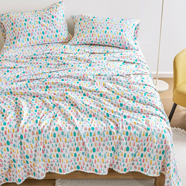 JLA Home Intelligent Design - 100% Cotton flannel sheet set - soft, breathable 135gsm pigment-dyed bedding for cozy, lasting color protection White Holiday Trees ID20-2447