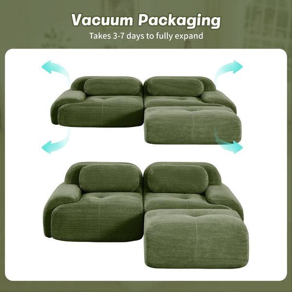 English Elm 82'' Modular L-shaped Sectional Sofa Corduroy Upholstery Curved Arms for Living Rooms Olive Green W714S01255