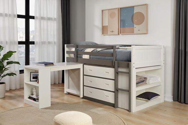 English Elm Contemporary Twin Bunk Bed With Shelves & Nesting Desk, 3 Drawers - Space-Saving White & Gray Design B2741S00691