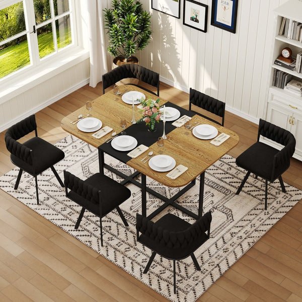 English Elm 7-piece Dining Set Tufted Velvet Chairs Melamine Table Modern Farmhouse Kitchen Black,Wood W3875S00114