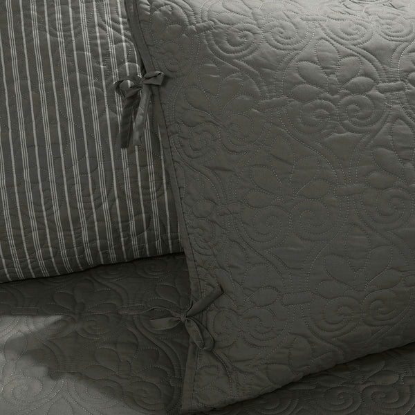 JLA Home Madison Park - 6 Reversible Daybed Cover Set with Antimicrobial Protection, Quilted Texture, Striped Skirt & Pillow Dark Grey MP13-6458