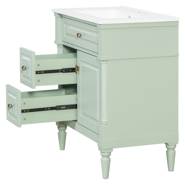 English Elm 30" Freestanding Bathroom Vanity Rubberwood Frame Ceramic Sink Flip Drawer Storage Green N725P356062F