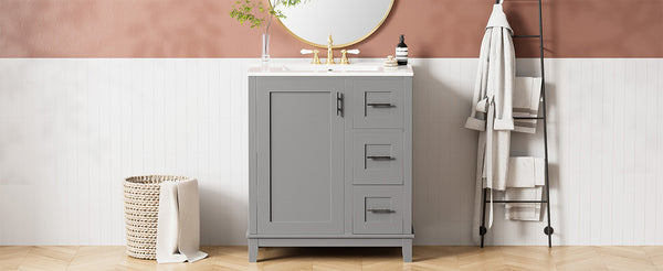 English Elm 30-inch Modern Bathroom Vanity with Ceramic Basin, Rubberwood Frame, Soft-Close Drawers & Organized Storage Grey N729P290689E