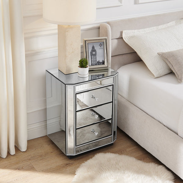 English Elm 3-Drawer Mirrored Nightstand with Silver Beaded Trim, 3 Spacious Drawers, Crystal Knobs, Sturdy Chic W1005P366579