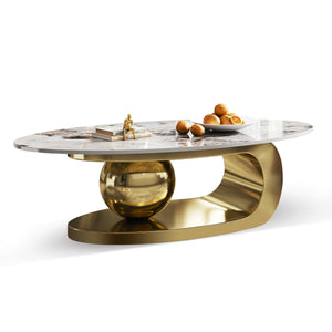 English Elm 49.2 Oval Faux Marble Coffee Table with Titanium-Coated Stainless Steel Base and Sintered Stone Top Gold,White W3136S00014