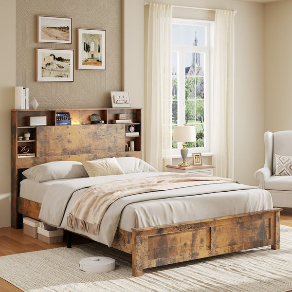 English Elm Full Platform Bed Wood Headboard with Led Lighting Charging Ports and Bookcase Storage W636P444676