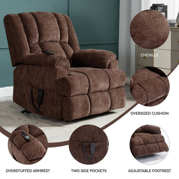 English Elm Dual Motor Power Lift Recliner Chenille Chair with Massage Heat and Infinite Positions Brown W3224P288490