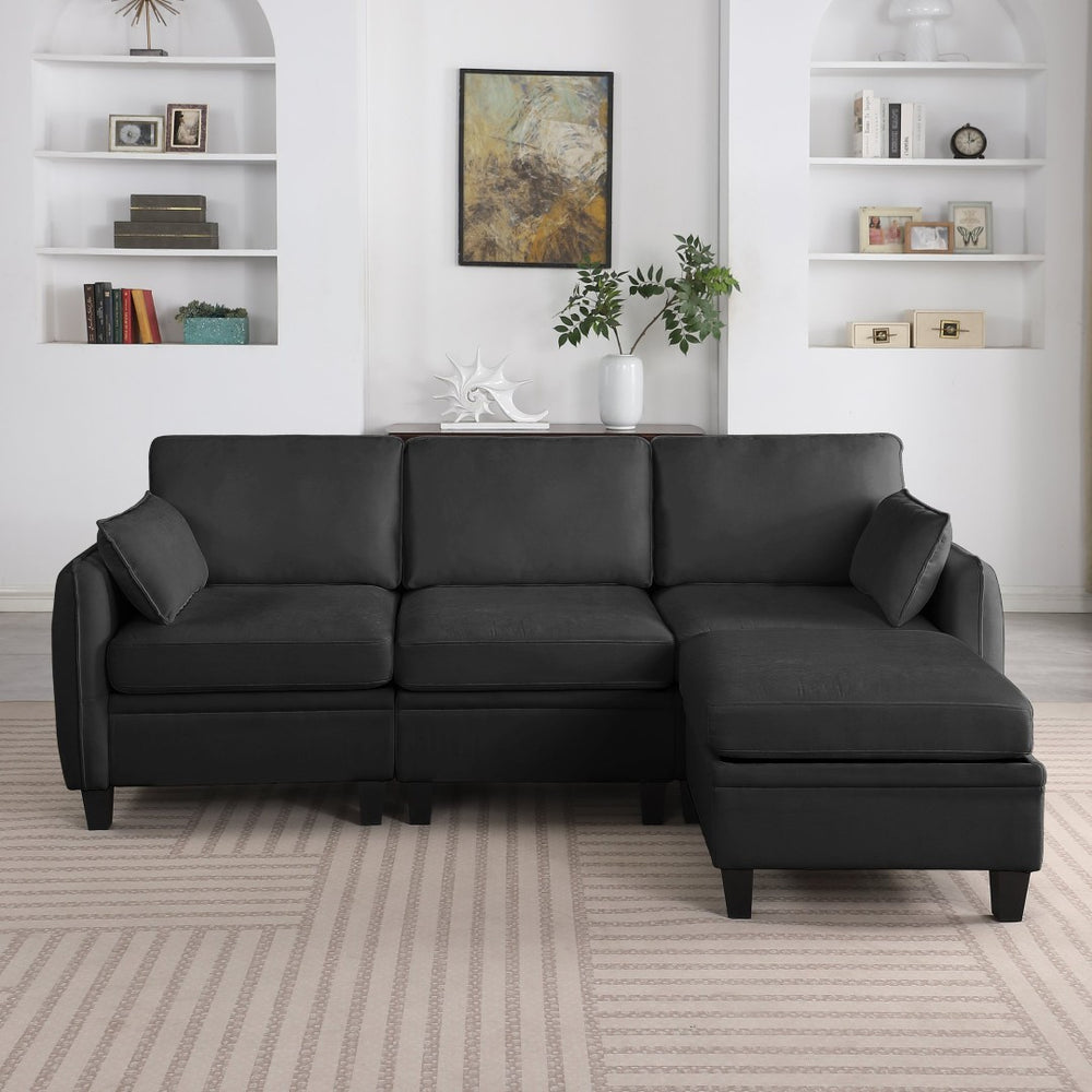 English Elm 102 Inch Linen Modular Sectional Sofa with Hidden Storage and Cloud Cushion Comfort Black W1099S00214