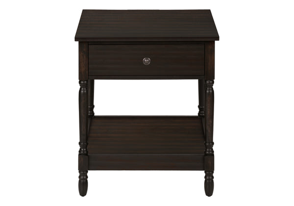 English Elm Accent Square Two-Tier Table with Grooved Top and Turned Legs, Compact Nightstand with Shelf, Brown Veneer Walnut 28 L x 25 W x 8 H B2710P219483
