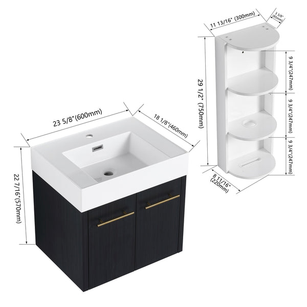 English Elm 24 Inch Wall-Mounted Bathroom Vanity Set With Thick Resin Sink & Three-Tier Storage Rack Design W999S00365