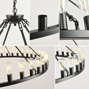 English Elm 64 Inch Wagon Wheel Chandelier 42 Light Matte Black Farmhouse Pendant for Vaulted Rooms W5008P389353