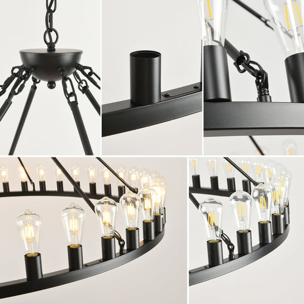 English Elm 64 Inch Wagon Wheel Chandelier 42 Light Matte Black Farmhouse Pendant for Vaulted Rooms W5008P389353